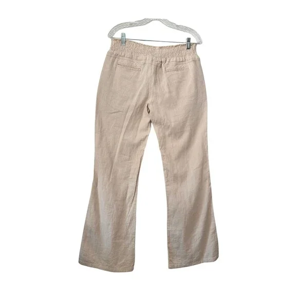 Love Tree L Beige Linen Blend Smocked Waist Pull on Pants w/ Pockets Beachy NWT - Picture 3 of 8